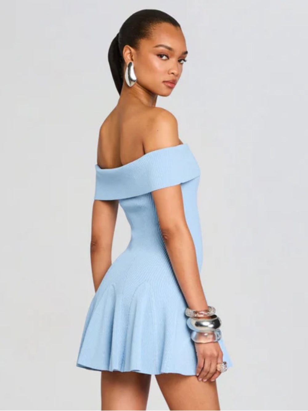 Retrofete Erica metallic knit dress Off-Shoulder Light Blue Fit-and-Flare mini S - Picture 2 of 9
